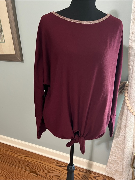 Cupio Tops - Cupio Burgundy Tie-Front Boatneck Long Sleeve Top